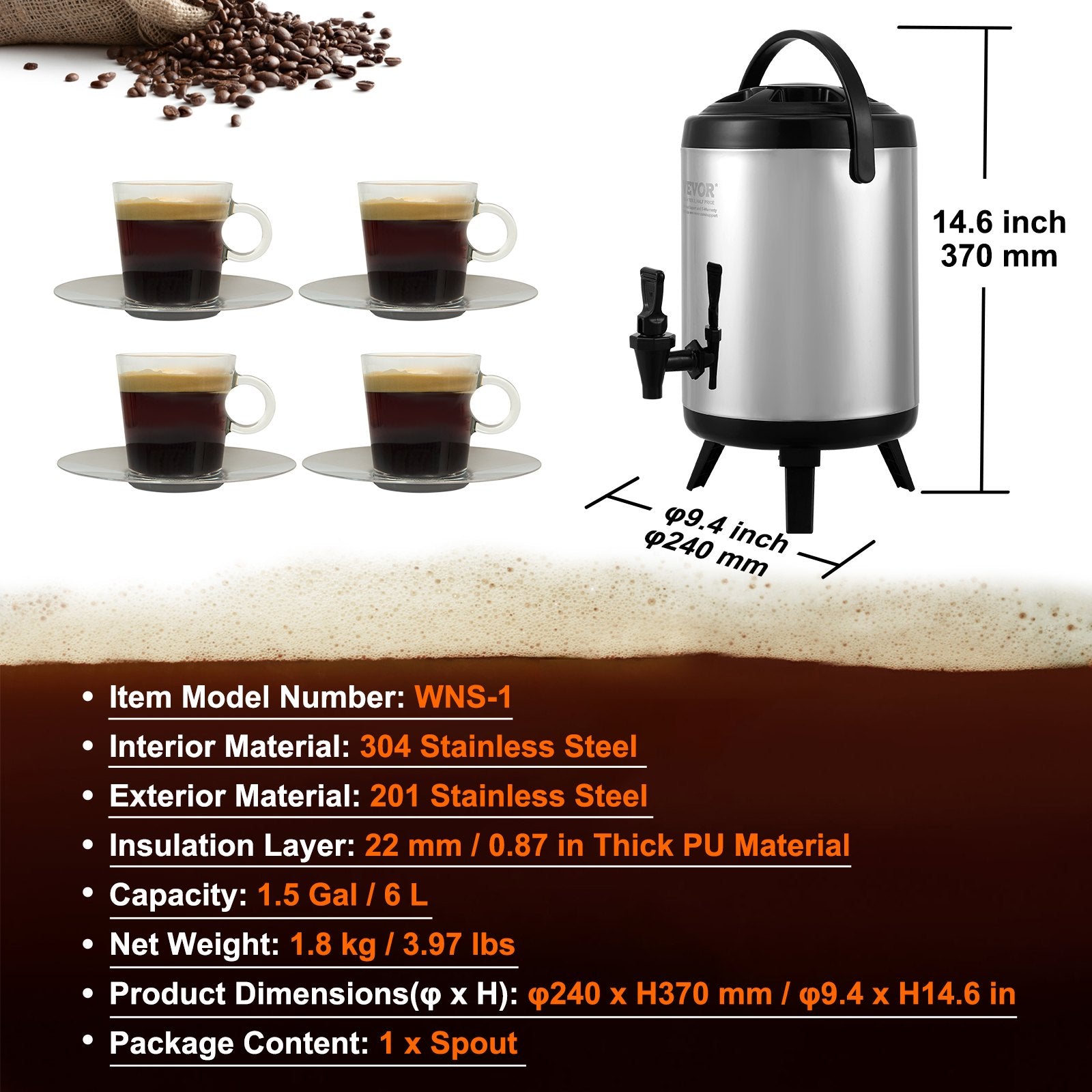 Stainless Steel Insulated Beverage Dispenser, 6 Liter, Thermal Hot and Cold Drink Server Dispenser with V952-YLHLQQYX8L00TYE16V0