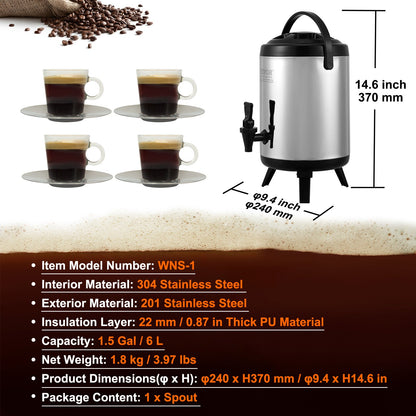 Stainless Steel Insulated Beverage Dispenser, 6 Liter, Thermal Hot and Cold Drink Server Dispenser with V952-YLHLQQYX8L00TYE16V0