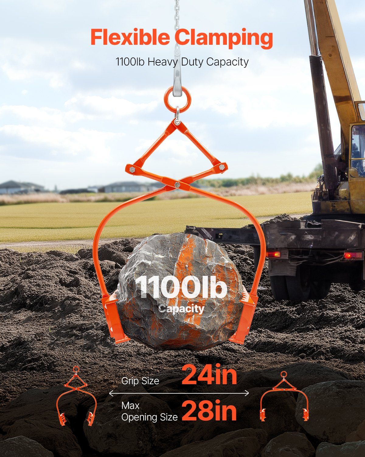 609mm Stone Lifting Tongs, 2-Claw Rock Tongs, Heavy Duty Steel Log Tongs, 500KG Lifting Capacity, Swivel Log V952-YMBYQ24YC2ZBYQ5WXV0