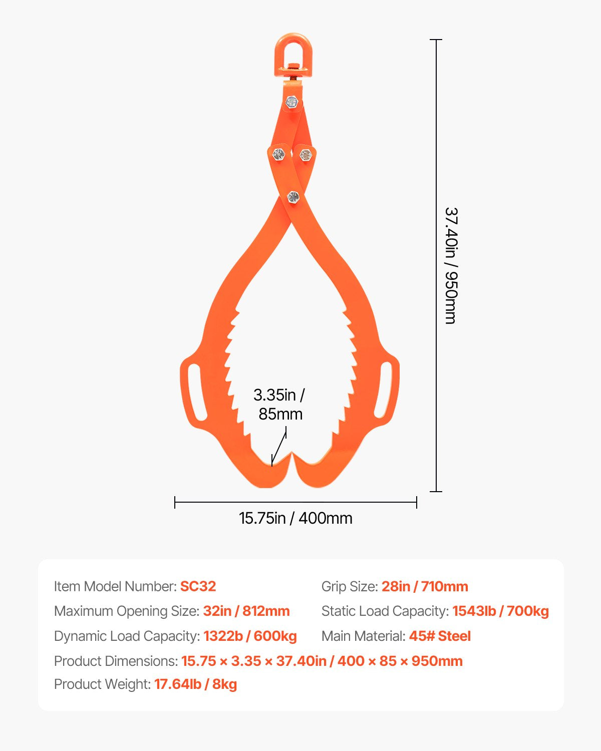 32in Log Lifting Tongs, 2-Claw Log Tongs, Heavy Duty Steel Log Grapple, 1543LBS Lifting Capacity, Swivel Log V952-YMBYQ32YC2ZKPHHI0V0