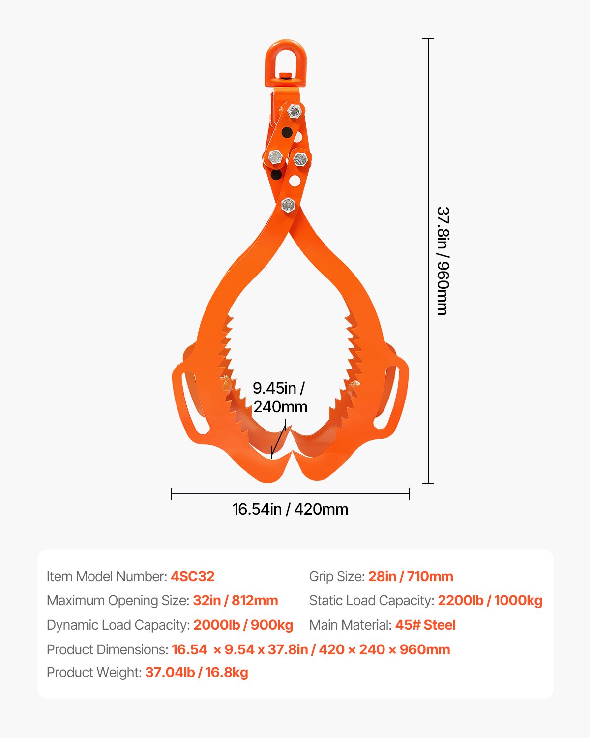 32in Log Lifting Tongs, 4-Claw Log Tongs, Heavy Duty Steel Log Grapple, 2200LBS Lifting Capacity, Swivel Log V952-YMBYQ32YC4ZKTXLZPV0