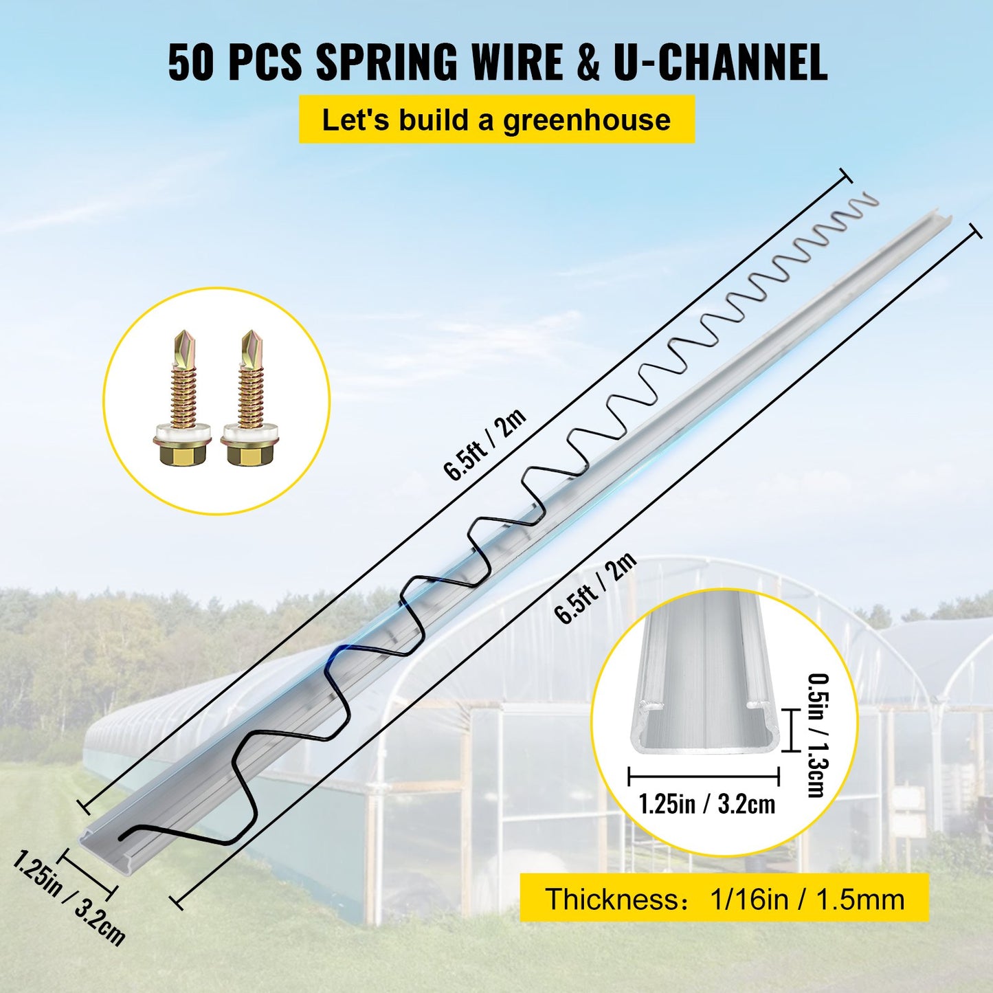 Spring Wire and Lock Channel, 2m Spring Lock & U-Channel Bundle for Greenhouse, 50 Packs PE Coated Spring V952-YMCKCTZLHJ250046ZV0