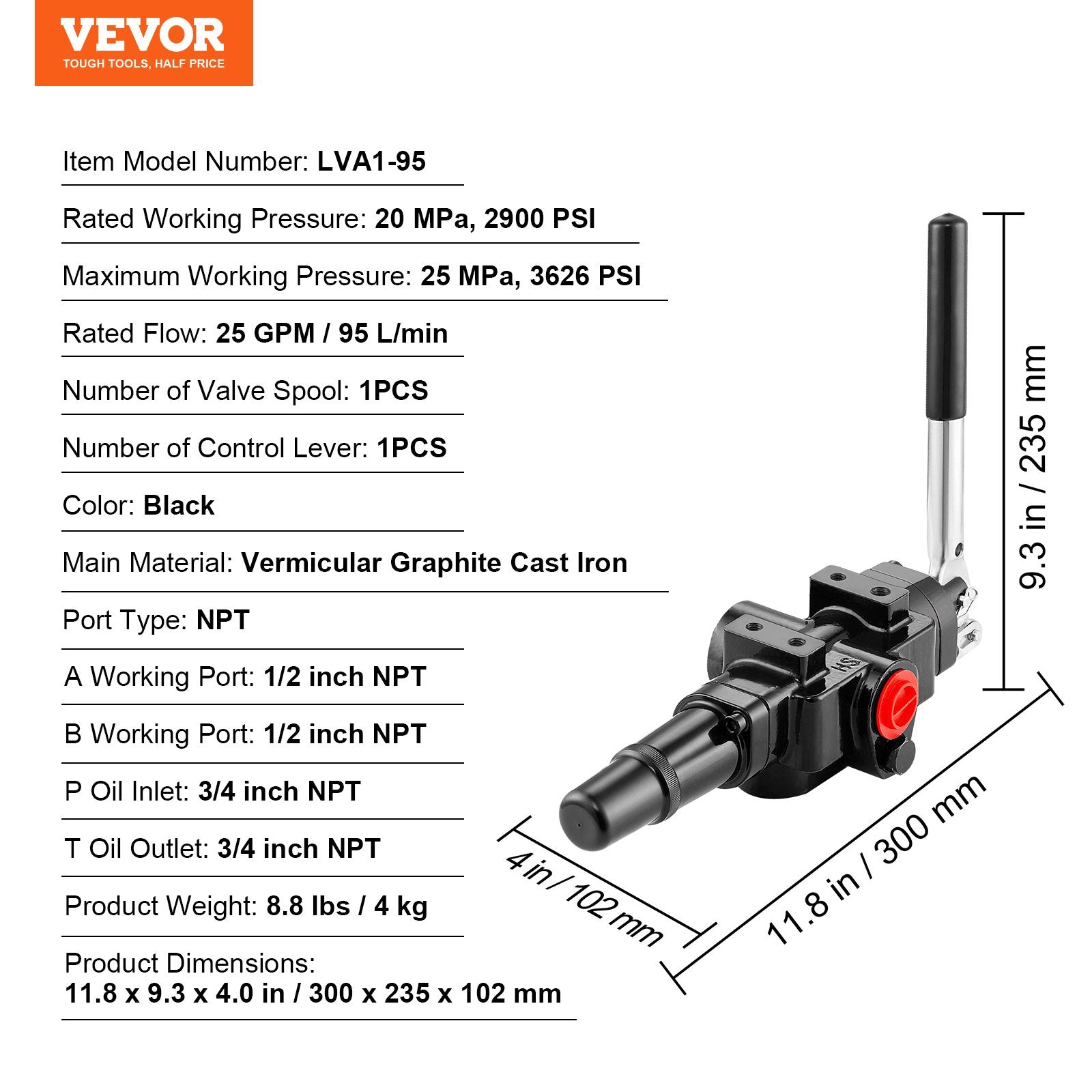 Hydraulic Log Splitter Valve 1 Spool, 25 GPM Hydraulic Directional Control Valve, 3626PSI Hydraulic Loader V952-YMFLF25GPM1FF1JUNV0