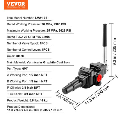 Hydraulic Log Splitter Valve 1 Spool, 25 GPM Hydraulic Directional Control Valve, 3626PSI Hydraulic Loader V952-YMFLF25GPM1FF1JUNV0