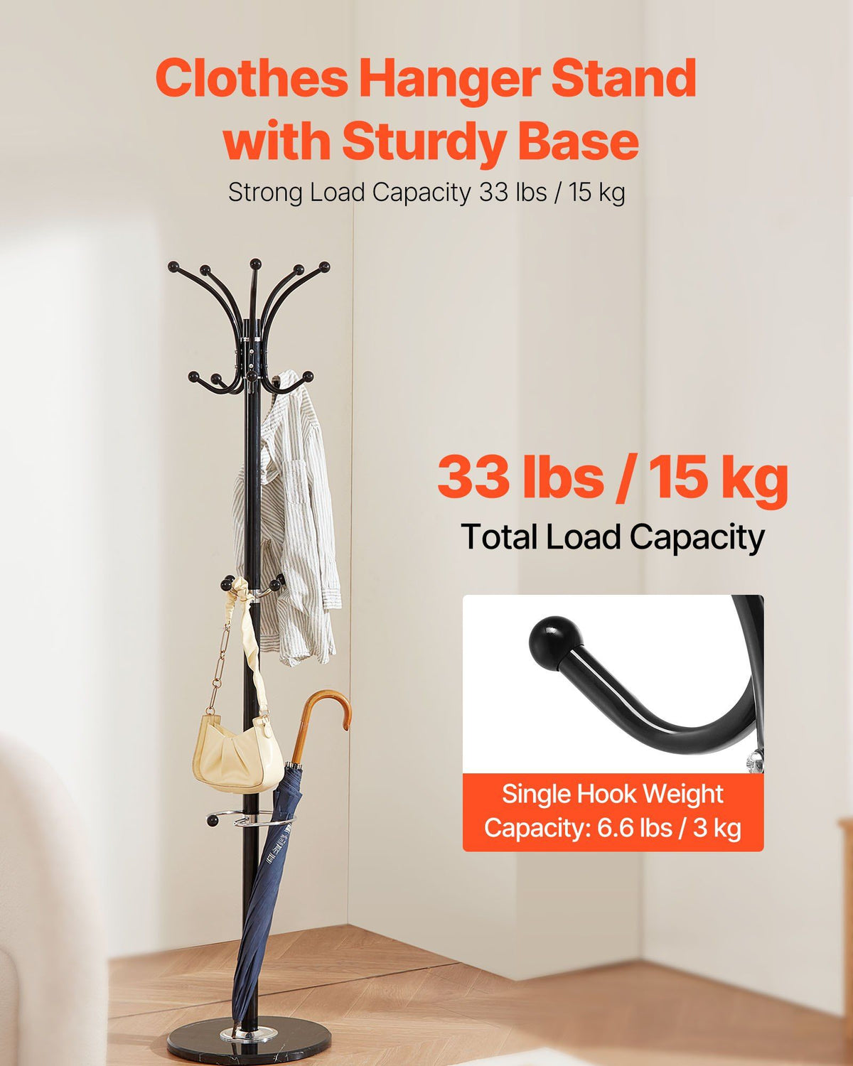 Freestanding Coat Rack, Metal Coats Rack Stand with Umbrella Holder, Stable Marble Base & 14 Hooks, Hall Coat V952-YMJDSJJSSCP01JCLY001V0