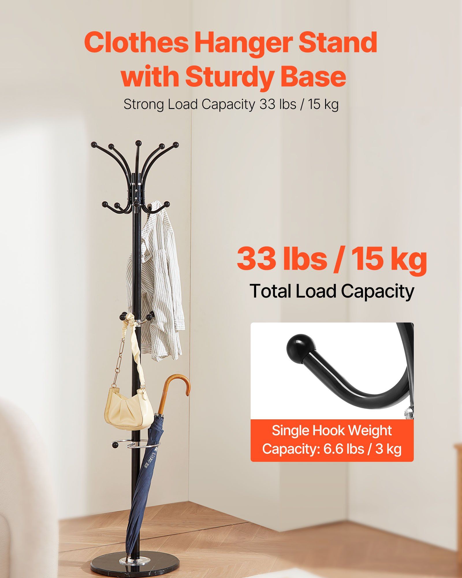 Freestanding Coat Rack, Metal Coats Rack Stand with Umbrella Holder, Stable Marble Base & 14 Hooks, Hall Coat V952-YMJDSJJSSCP01JCLY001V0
