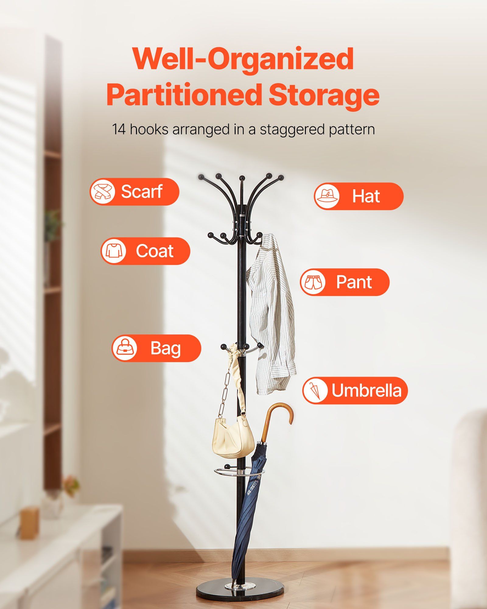 Freestanding Coat Rack, Metal Coats Rack Stand with Umbrella Holder, Stable Marble Base & 14 Hooks, Hall Coat V952-YMJDSJJSSCP01JCLY001V0