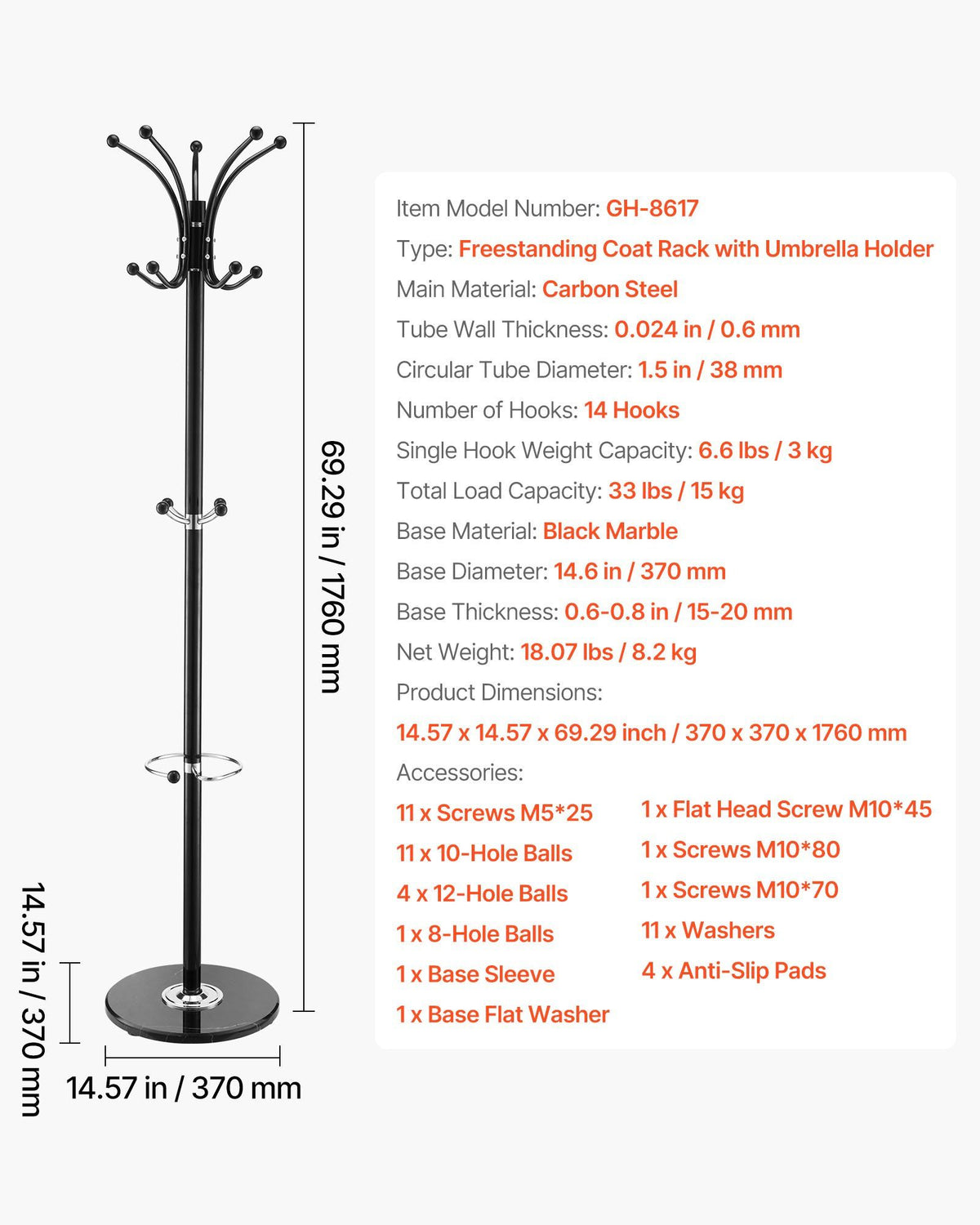 Freestanding Coat Rack, Metal Coats Rack Stand with Umbrella Holder, Stable Marble Base & 14 Hooks, Hall Coat V952-YMJDSJJSSCP01JCLY001V0