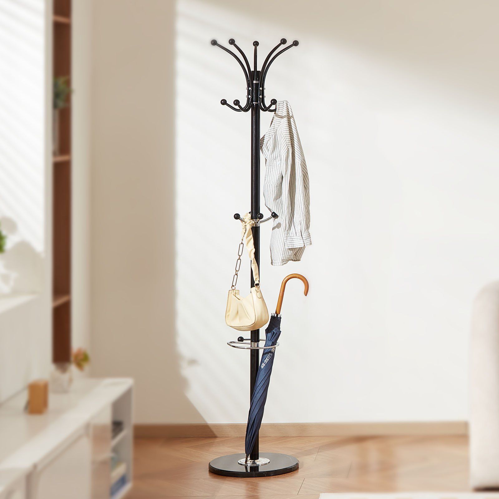 Freestanding Coat Rack, Metal Coats Rack Stand with Umbrella Holder, Stable Marble Base & 14 Hooks, Hall Coat V952-YMJDSJJSSCP01JCLY001V0