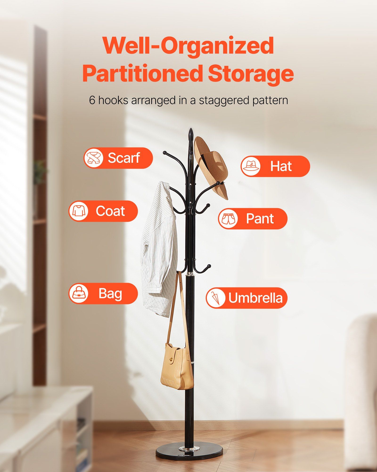 Coat Rack Freestanding, Coats Tree Stand with Stable Marble Base & 6 Hooks, Free Standing Hall Coat Rack for V952-YMJWGSJSSCP0JYMX6001V0