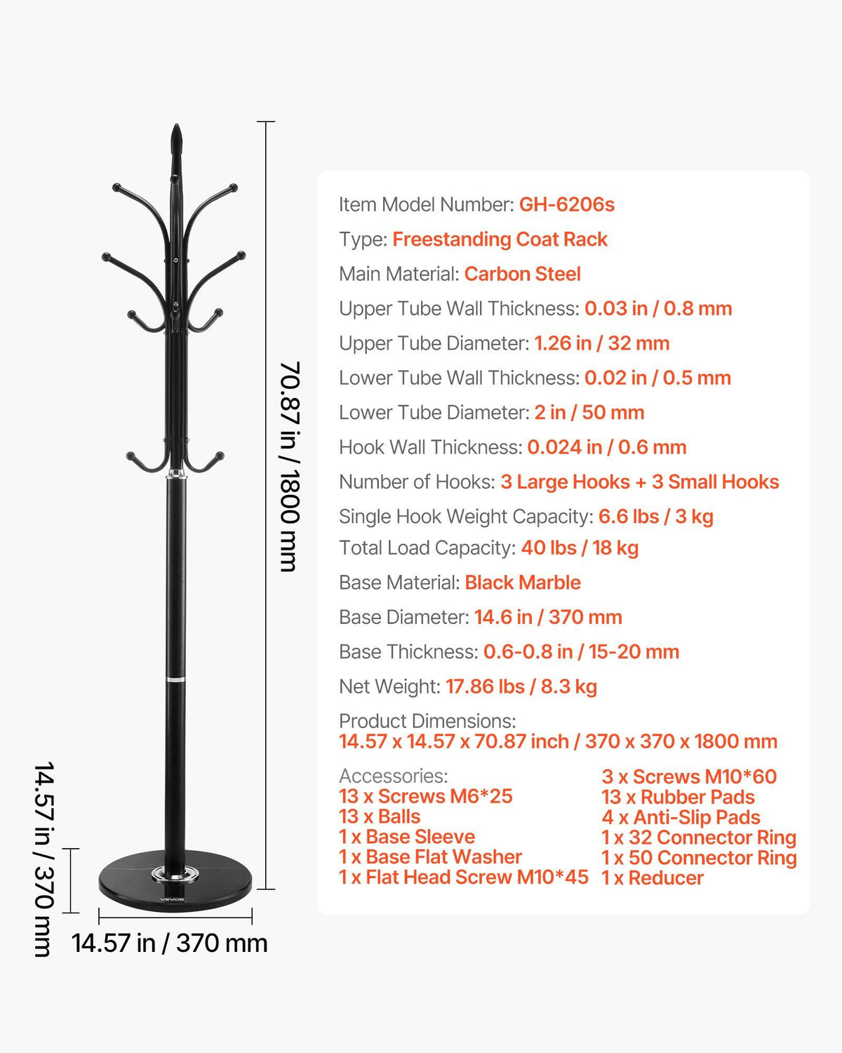 Coat Rack Freestanding, Coats Tree Stand with Stable Marble Base & 6 Hooks, Free Standing Hall Coat Rack for V952-YMJWGSJSSCP0JYMX6001V0
