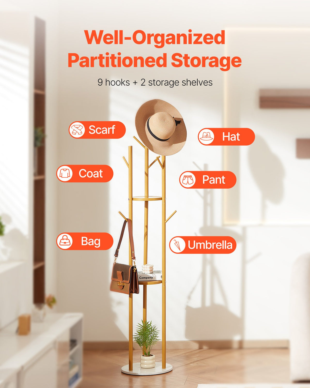 Coat Rack, Freestanding Coat Rack Stand with Quartz Stone Base & 9 Hooks, Free Standing Hall Coat Tree for V952-YMJYXJJSSCP0Q2T2T001V0