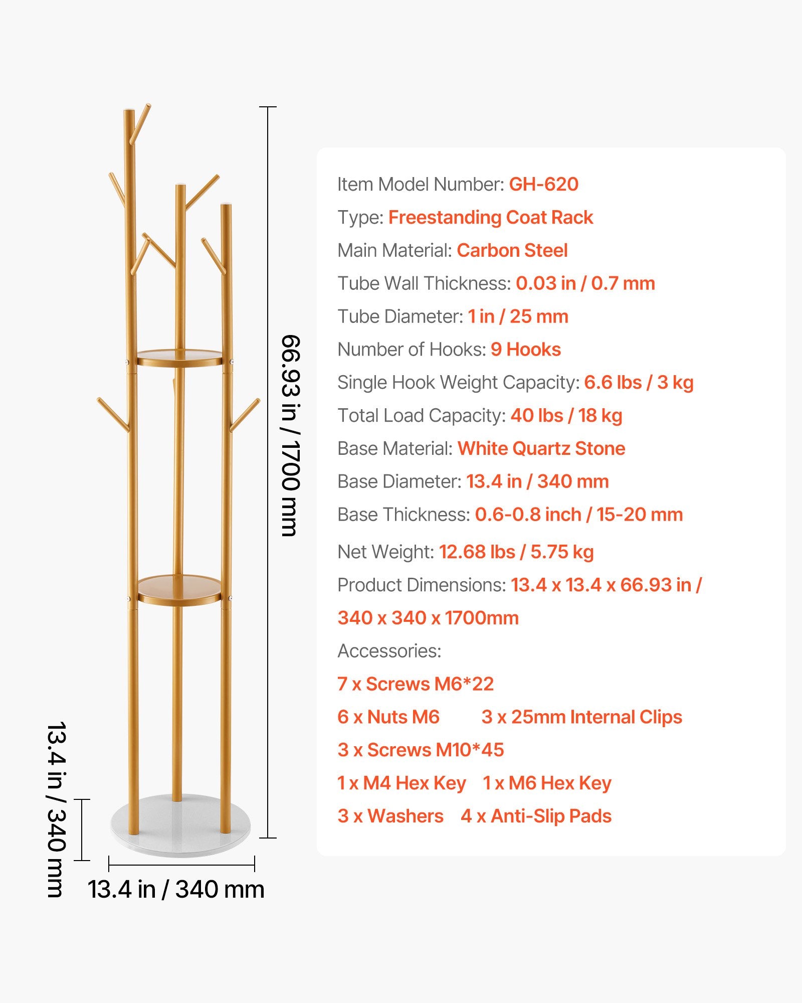 Coat Rack, Freestanding Coat Rack Stand with Quartz Stone Base & 9 Hooks, Free Standing Hall Coat Tree for V952-YMJYXJJSSCP0Q2T2T001V0