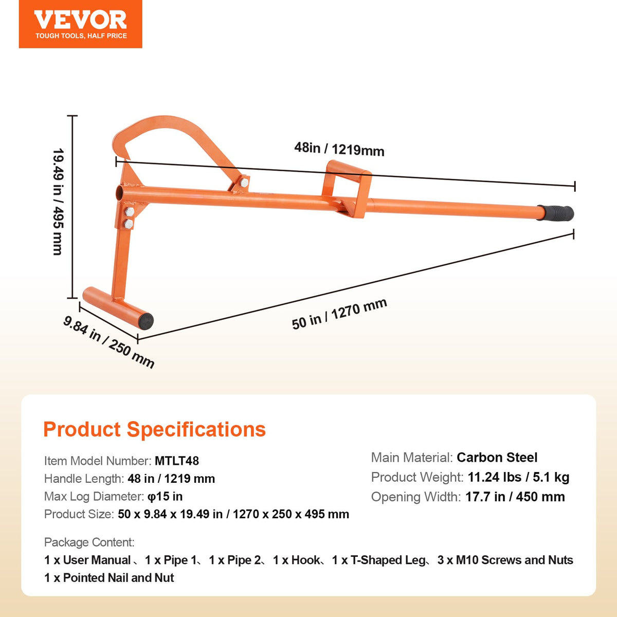 Timberjack, 46.5 in, 4 in 1 Heavy Duty Steel Log Lifter, Multifunctional Log Roller Adjustable Cant Hook, V952-YMQJDTZZDDHY9CJHJV0