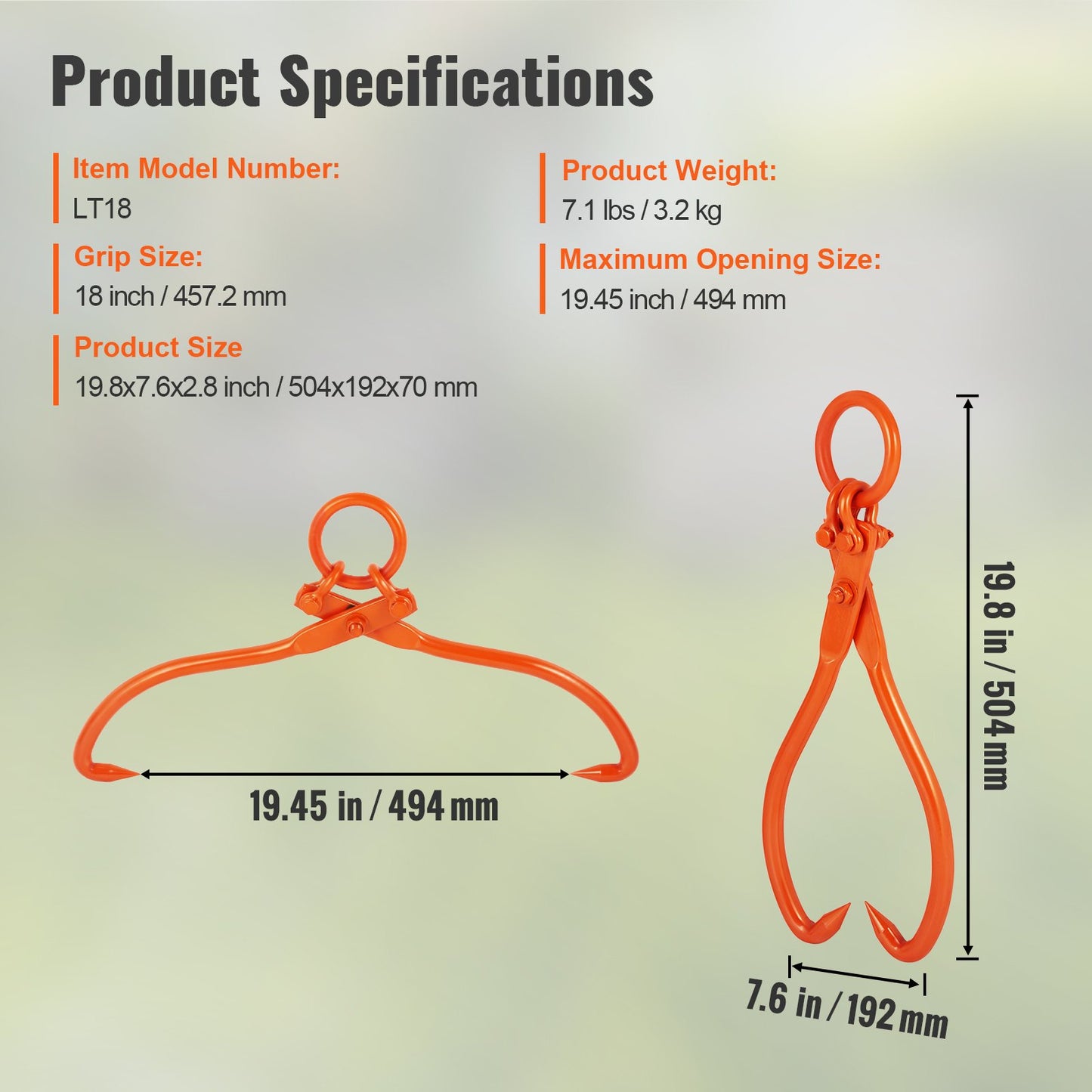 Log Skidding Tongs, 18 inch 2 Claw Log Lifting Tongs, Heavy Duty Steel Lumber Skidding Tongs, 772 lbs/350 kg V952-YMQZQ18YC2ZBYSAA2V0
