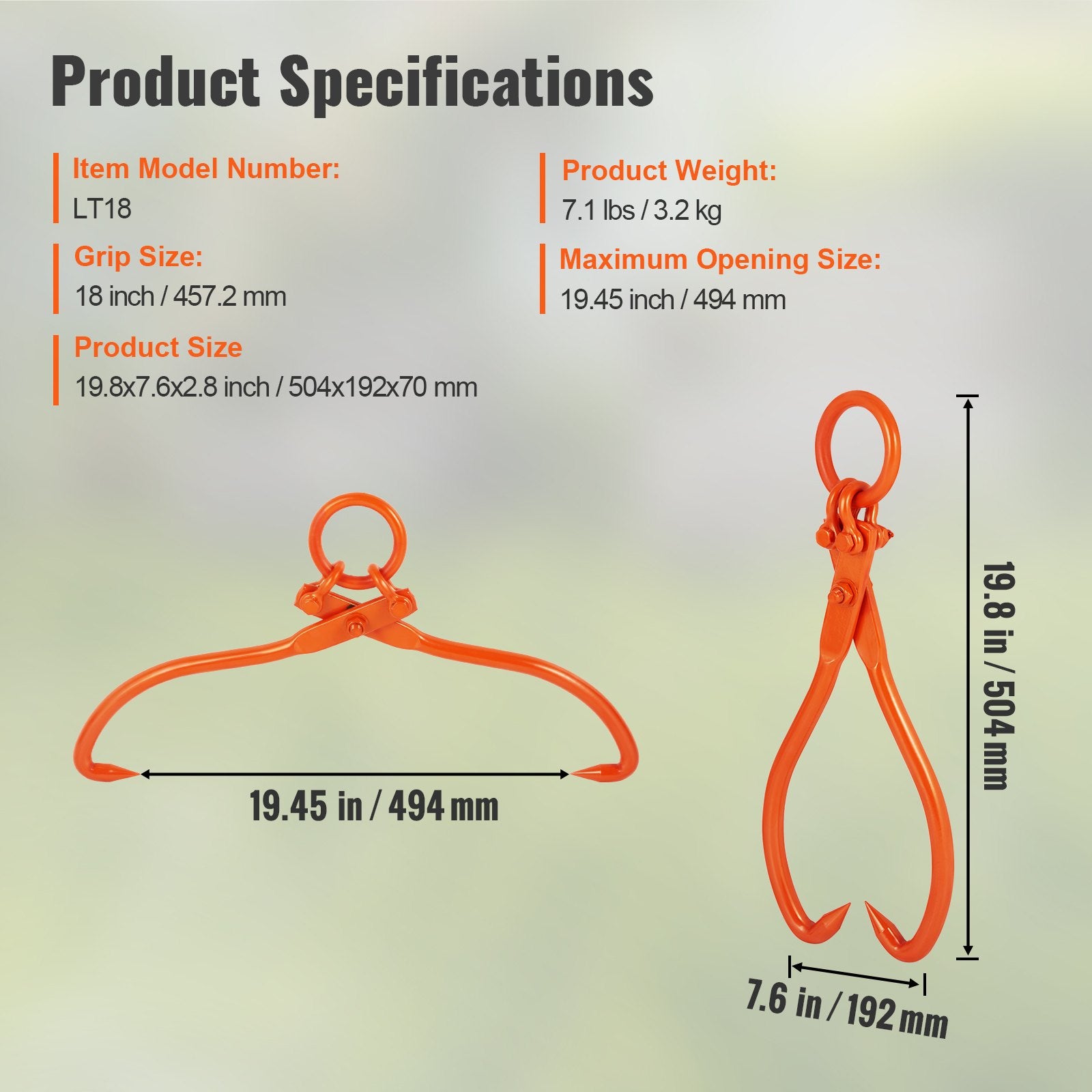Log Skidding Tongs, 18 inch 2 Claw Log Lifting Tongs, Heavy Duty Steel Lumber Skidding Tongs, 772 lbs/350 kg V952-YMQZQ18YC2ZBYSAA2V0