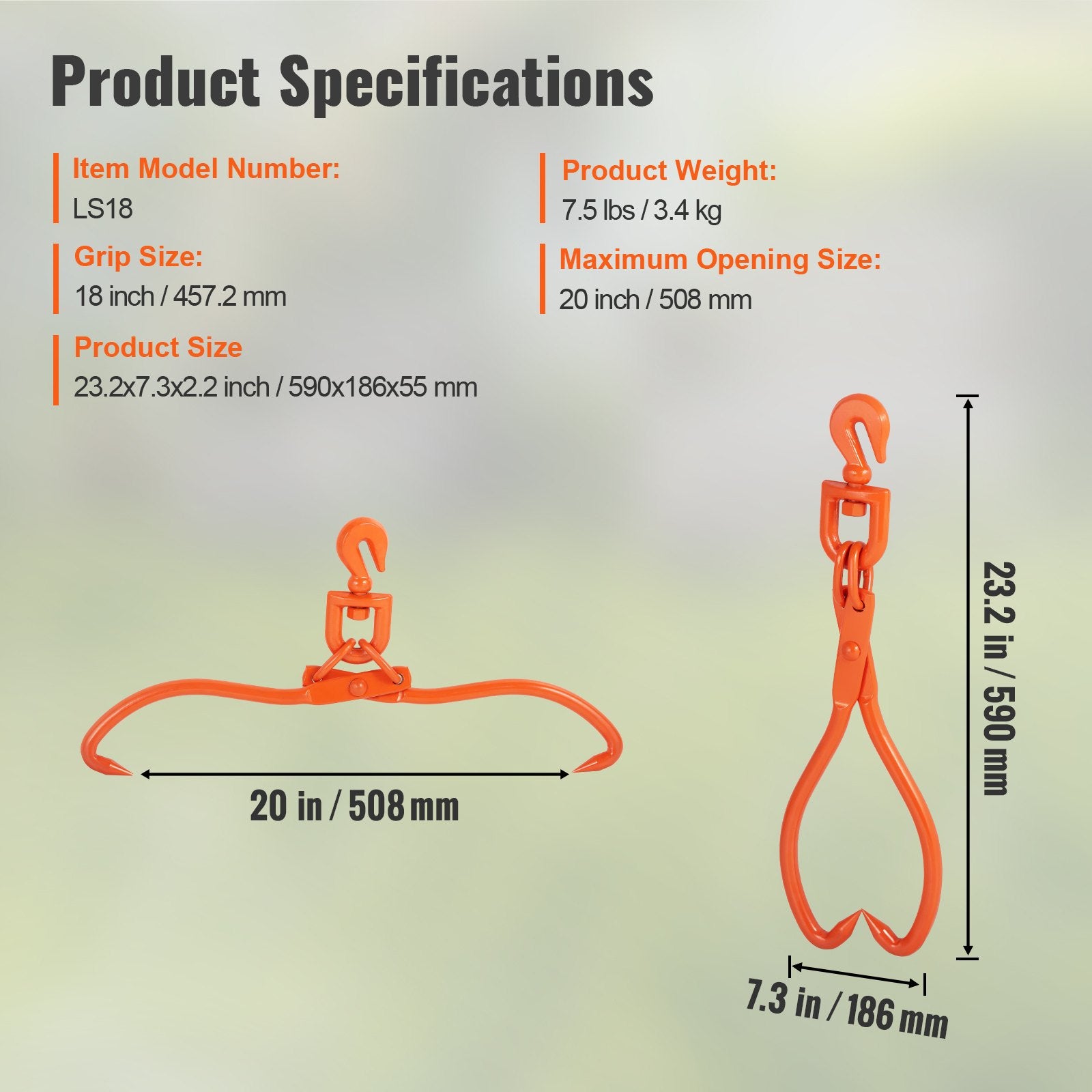 Log Skidding Tongs, 45.7cm 2 Claw Log Lifting Tongs, Heavy Duty Rotating Steel Lumber Skidding Tongs, 350 kg V952-YMQZQ18YC2ZK618WUV0