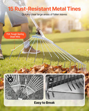 Leaf Rake, 15 Metal Tines, Adjustable Garden Rake for Lawns with 19-57 cm Wide Head and 81.3-160 cm Long V952-YPDPJS823INCHS6JN001V0