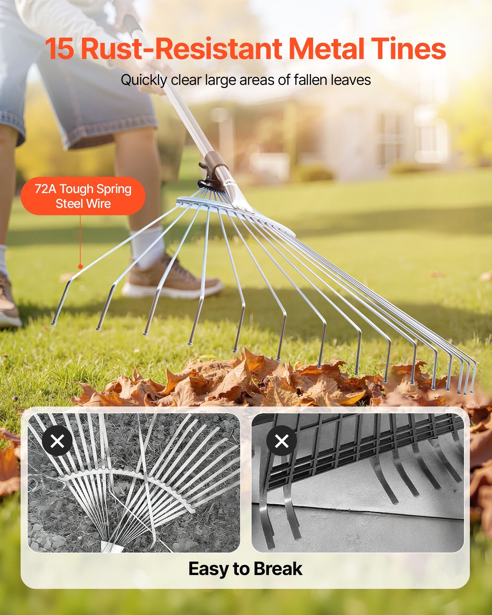 Leaf Rake, 15 Metal Tines, Adjustable Garden Rake for Lawns with 19-57 cm Wide Head and 81.3-160 cm Long V952-YPDPJS823INCHS6JN001V0