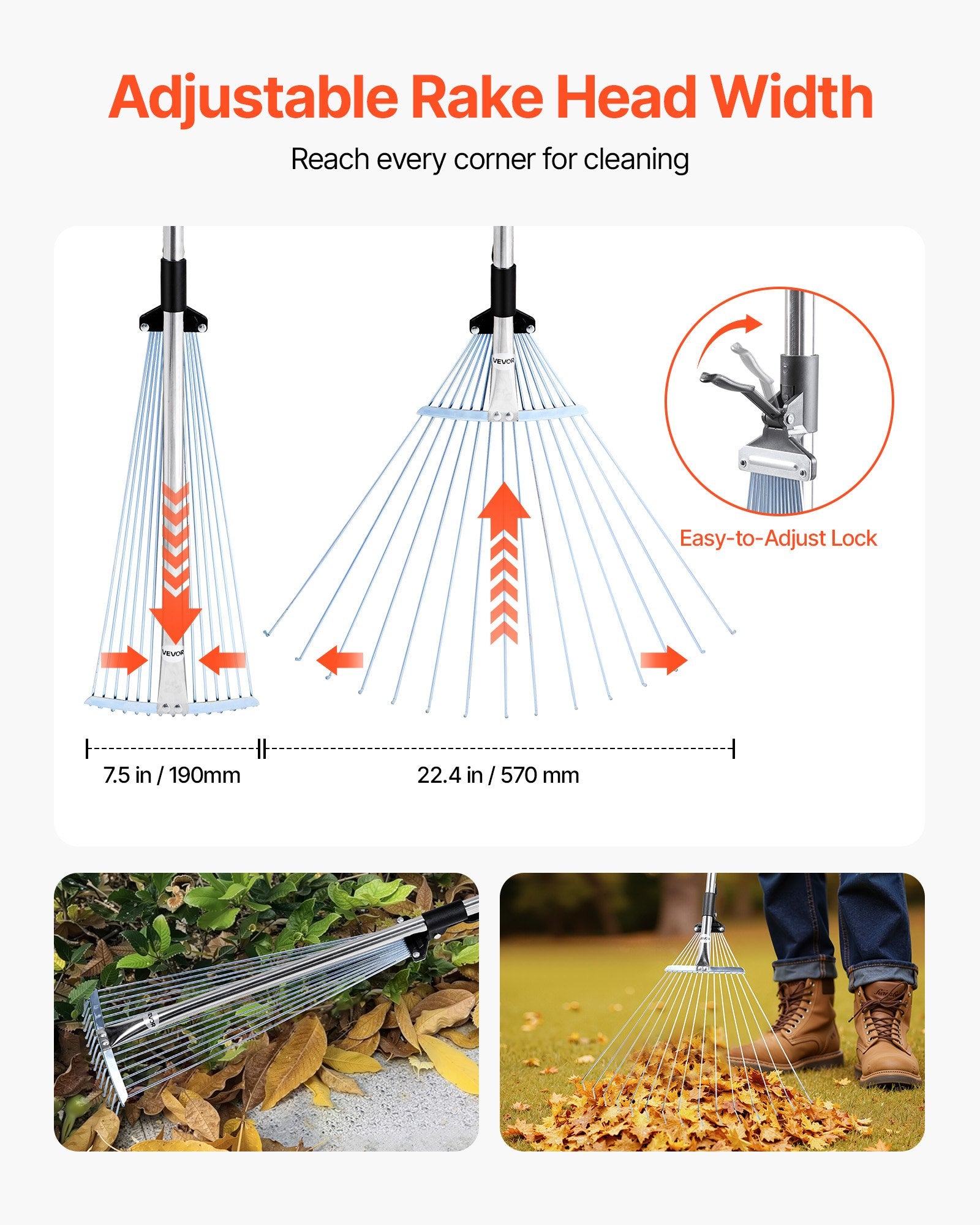 Leaf Rake, 15 Metal Tines, Adjustable Garden Rake for Lawns with 19-57 cm Wide Head and 81.3-160 cm Long V952-YPDPJS823INCHS6JN001V0