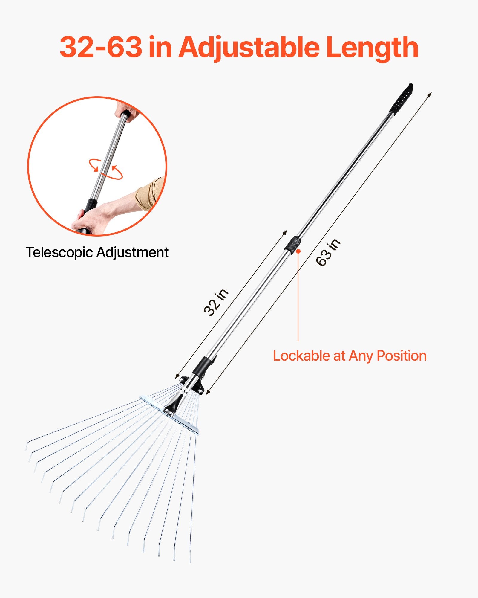 Leaf Rake, 15 Metal Tines, Adjustable Garden Rake for Lawns with 19-57 cm Wide Head and 81.3-160 cm Long V952-YPDPJS823INCHS6JN001V0
