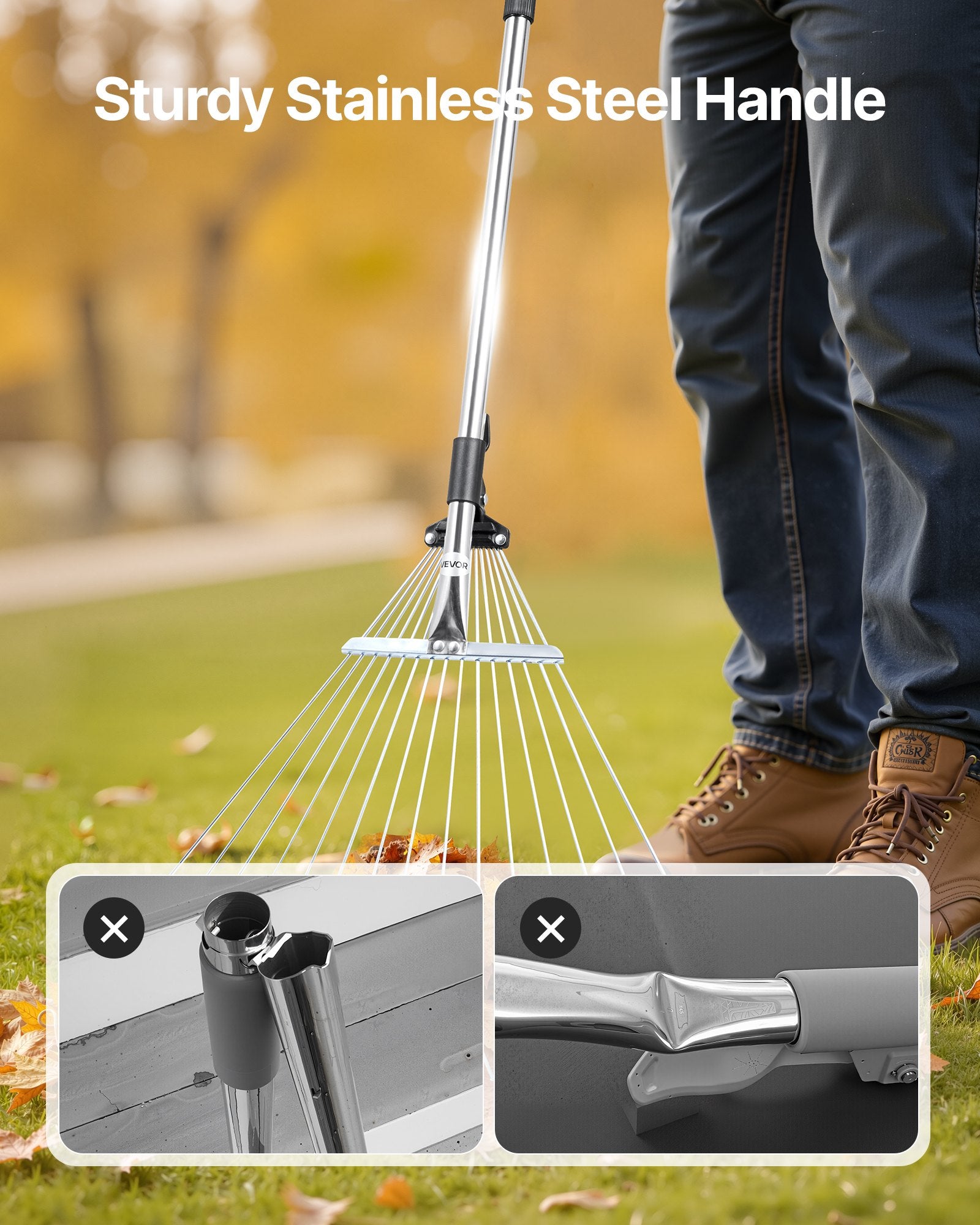 Leaf Rake, 15 Metal Tines, Adjustable Garden Rake for Lawns with 19-57 cm Wide Head and 81.3-160 cm Long V952-YPDPJS823INCHS6JN001V0