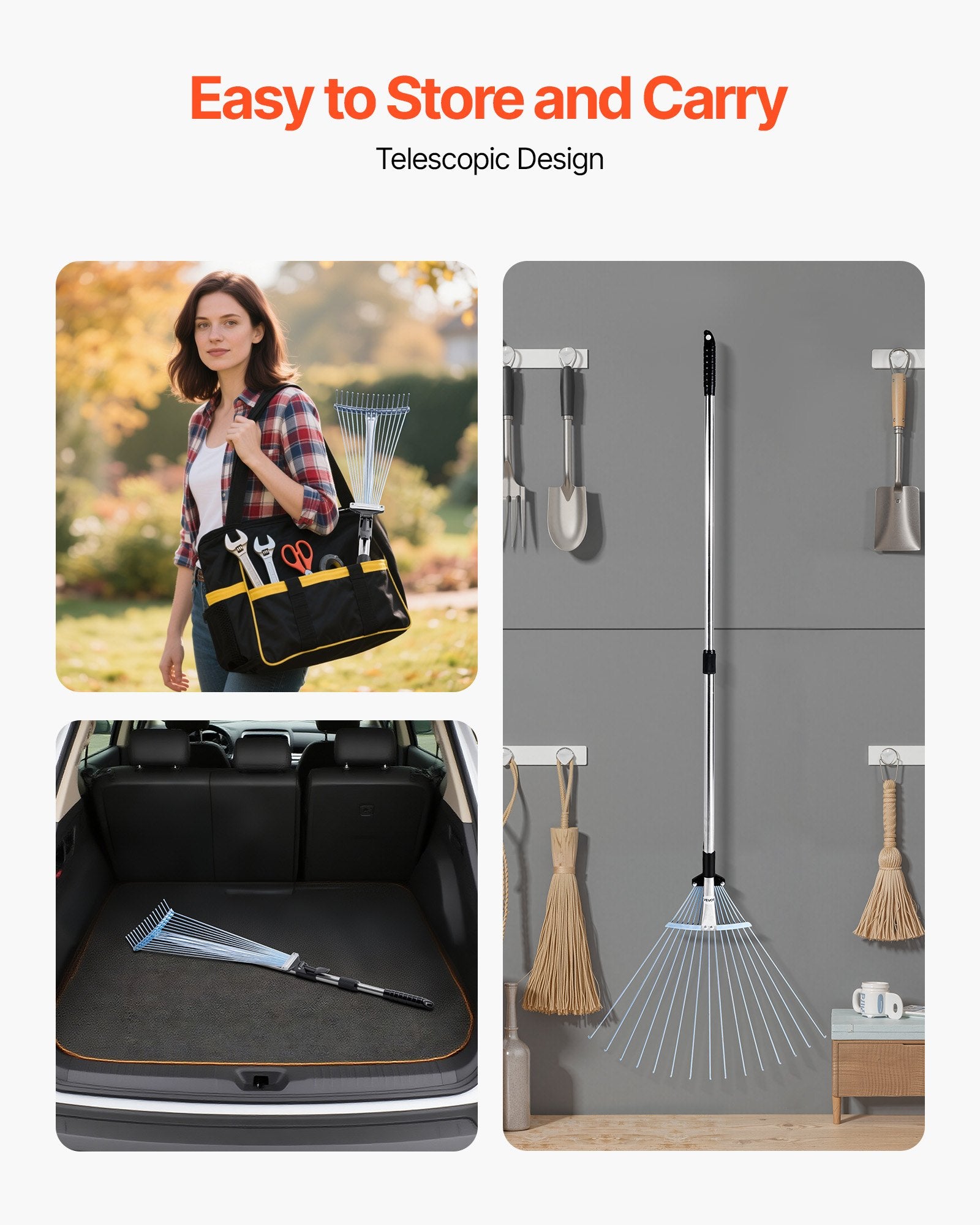 Leaf Rake, 15 Metal Tines, Adjustable Garden Rake for Lawns with 19-57 cm Wide Head and 81.3-160 cm Long V952-YPDPJS823INCHS6JN001V0