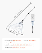 Leaf Rake, 15 Metal Tines, Adjustable Garden Rake for Lawns with 19-57 cm Wide Head and 81.3-160 cm Long V952-YPDPJS823INCHS6JN001V0