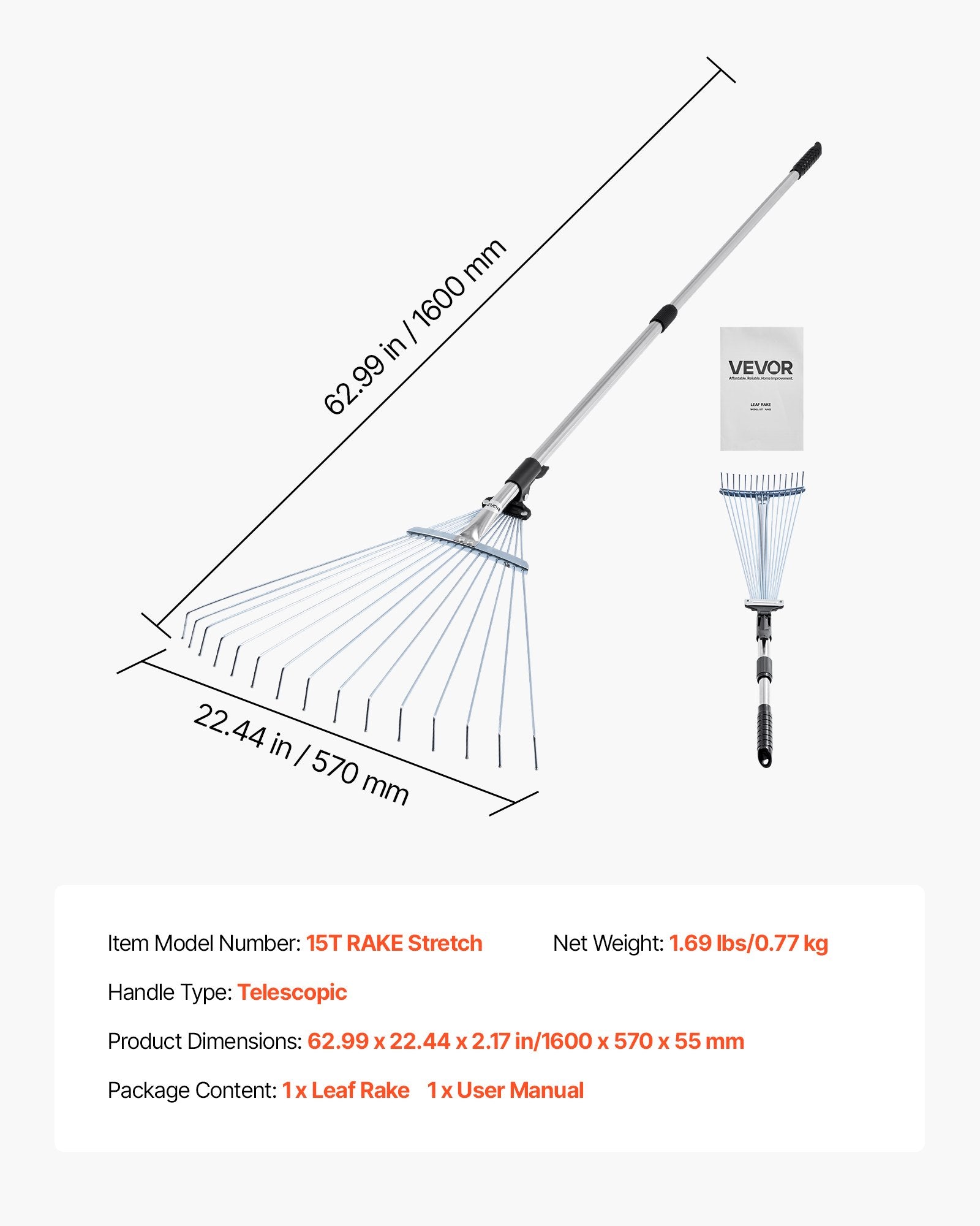 Leaf Rake, 15 Metal Tines, Adjustable Garden Rake for Lawns with 19-57 cm Wide Head and 81.3-160 cm Long V952-YPDPJS823INCHS6JN001V0