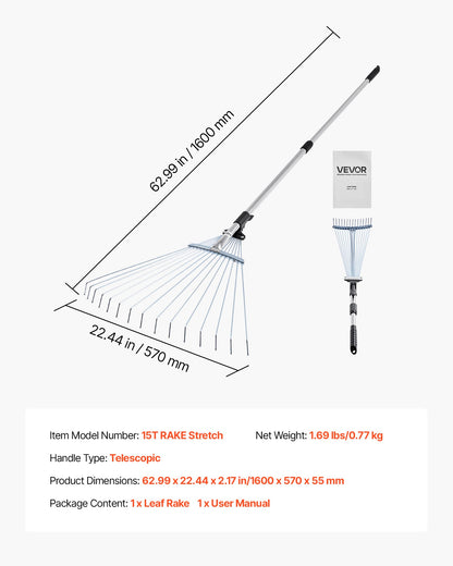 Leaf Rake, 15 Metal Tines, Adjustable Garden Rake for Lawns with 19-57 cm Wide Head and 81.3-160 cm Long V952-YPDPJS823INCHS6JN001V0