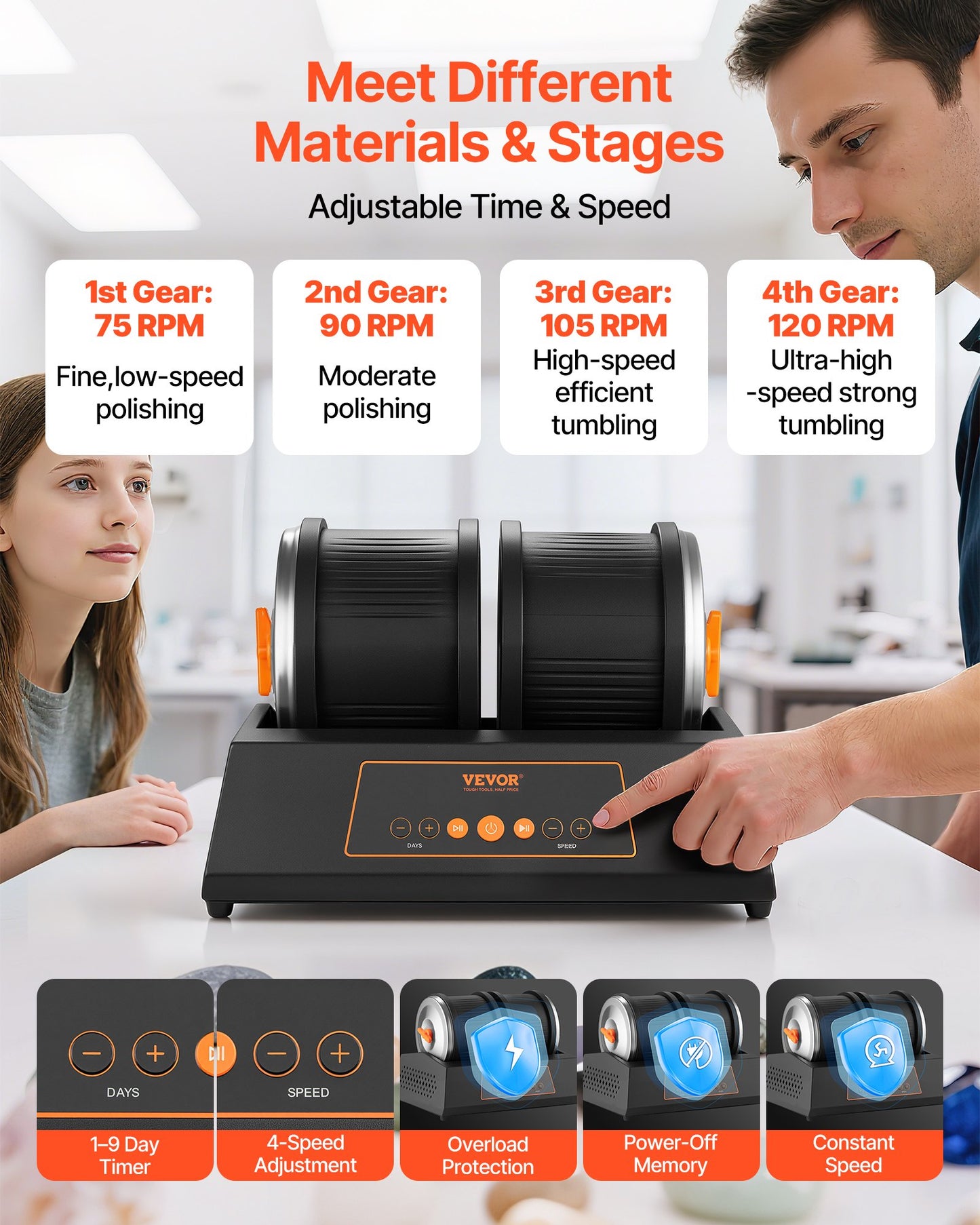 Rock Tumbler Kit, 8 lbs Rock Polishing Kit, 4 Speed Settings 9-Day Polishing Timer Stone Polishing Kit, V952-YSDMJHS4DDSJNL4HX001V3
