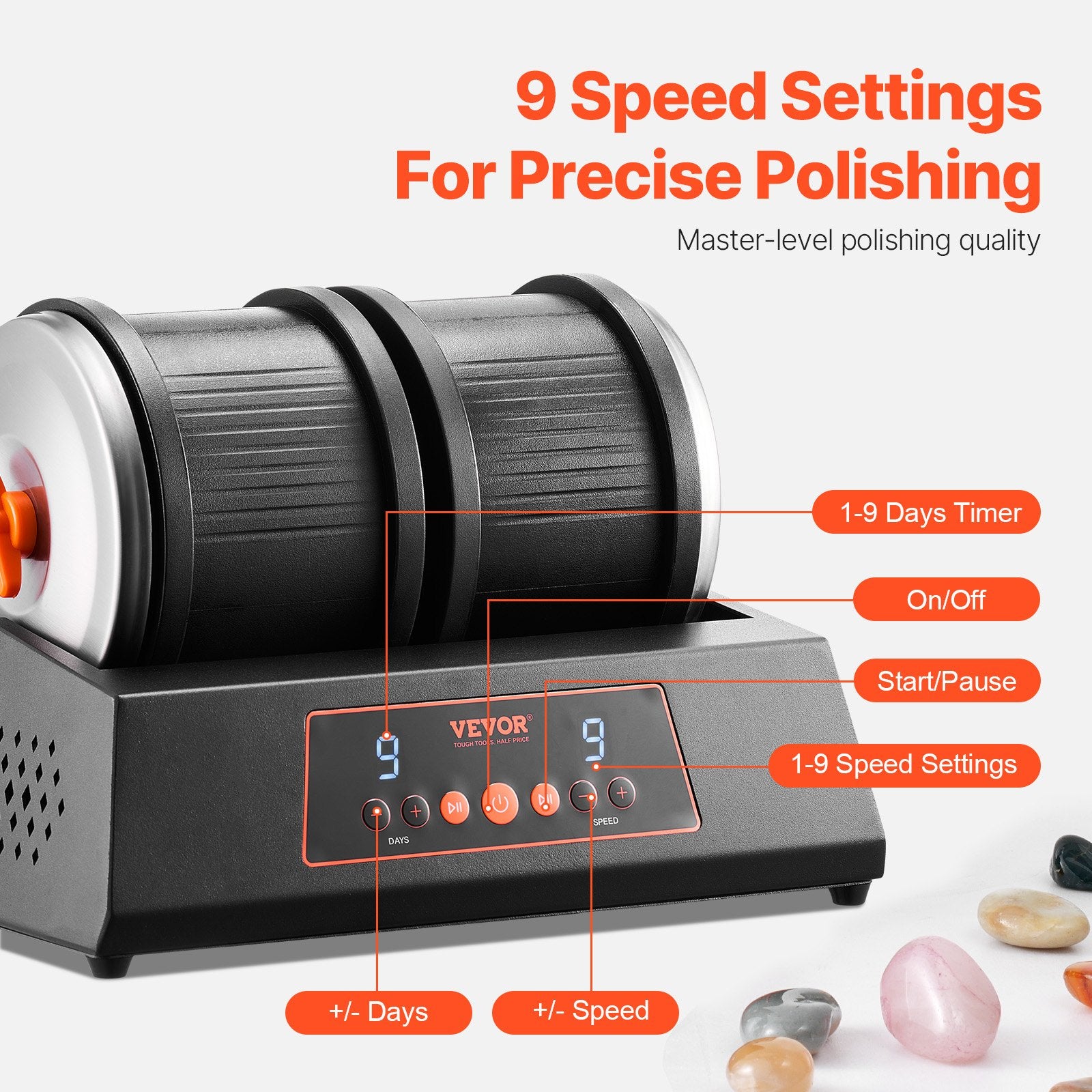 Rock Tumbler Machine 8 lbs Rock Polishing Kit 9 Speed 9-Day Timer Dual Barrels V952-YSDMJHSSDKDZ5TZXTV3