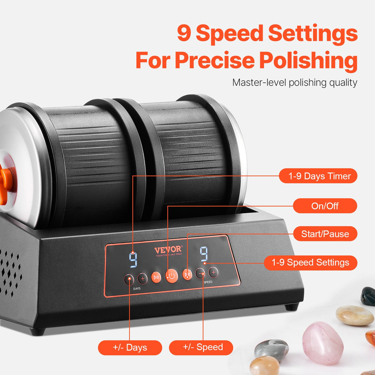 Rock Tumbler Machine 8 lbs Rock Polishing Kit 9 Speed 9-Day Timer Dual Barrels V952-YSDMJHSSDKDZ5TZXTV3