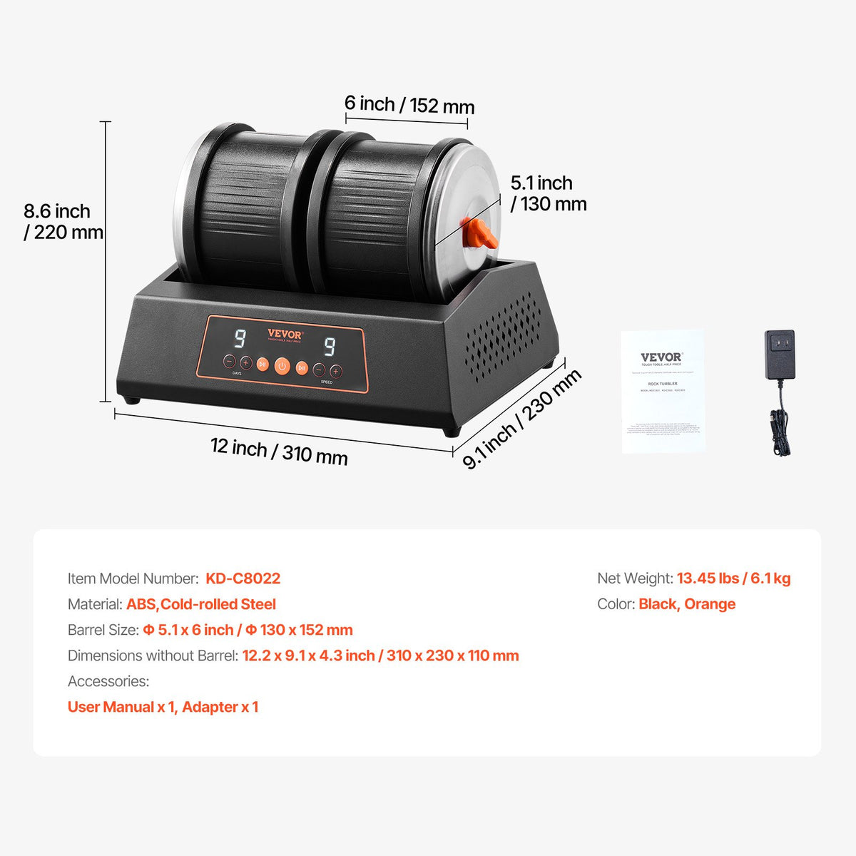 Rock Tumbler Machine 8 lbs Rock Polishing Kit 9 Speed 9-Day Timer Dual Barrels V952-YSDMJHSSDKDZ5TZXTV3
