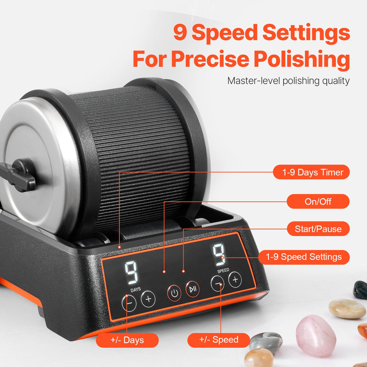 Rock Tumbler Kit, 2.5 lbs Rock Polishing Kit, 9 Speed Settings 9-Day Polishing Timer Stone Polishing Kit, V952-YSDMJHSSDKDZ8H48PV3