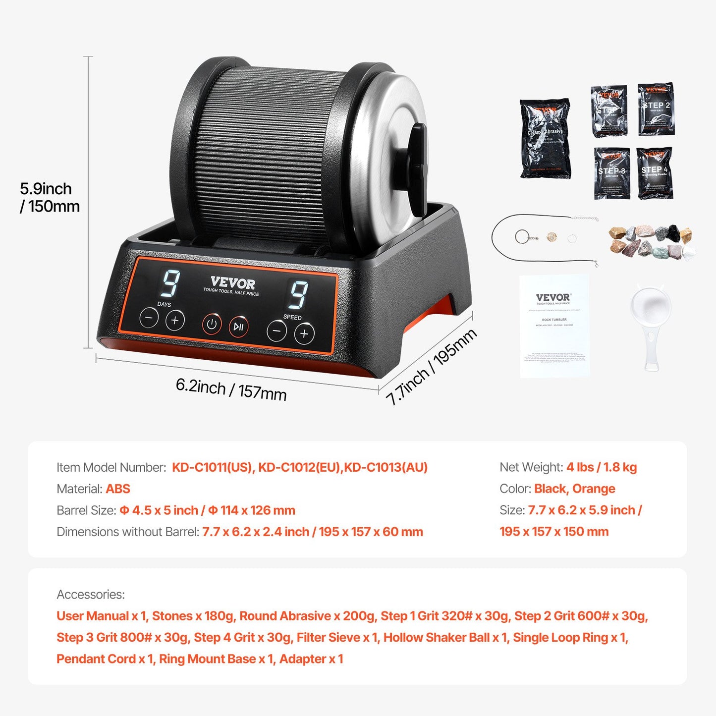Rock Tumbler Kit, 2.5 lbs Rock Polishing Kit, 9 Speed Settings 9-Day Polishing Timer Stone Polishing Kit, V952-YSDMJHSSDKDZ8H48PV3