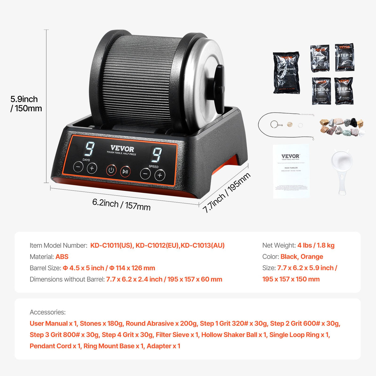 Rock Tumbler Kit, 2.5 lbs Rock Polishing Kit, 9 Speed Settings 9-Day Polishing Timer Stone Polishing Kit, V952-YSDMJHSSDKDZ8H48PV3