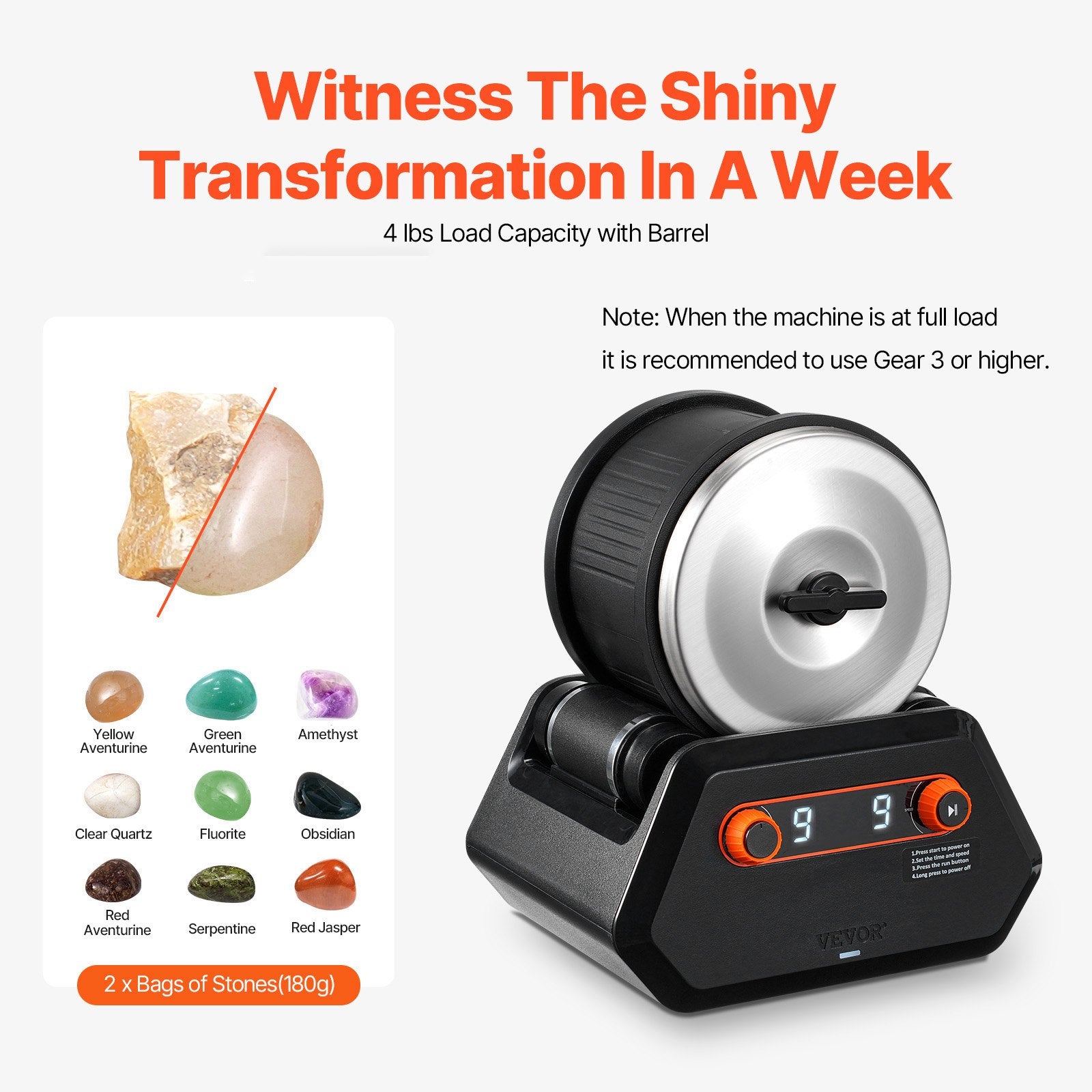 Rock Tumbler Kit, 4 lbs Rock Polishing Kit, 9 Speed Settings 9-Day Polishing Timer Stone Polishing Kit, Rock V952-YSDMJHSSDKDZLXA8PV3