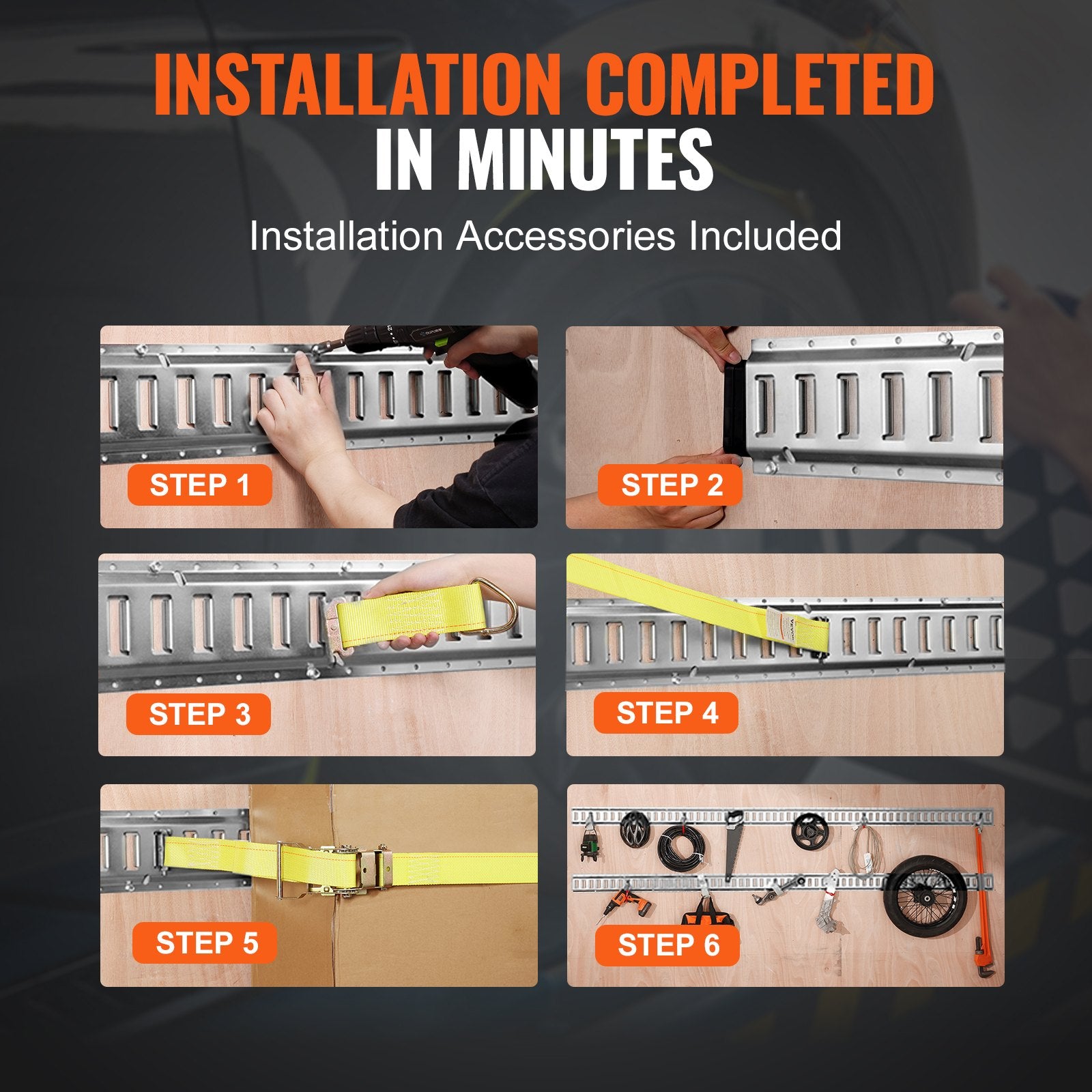 E Track Tie-Down Rail Kit, 24PCS 1524 mm E-Tracks Set Includes 8 Steel Rails & 8 O-Rings & 8 Tie-Offs with V952-YSDXE5FT32PCSRMMSV0