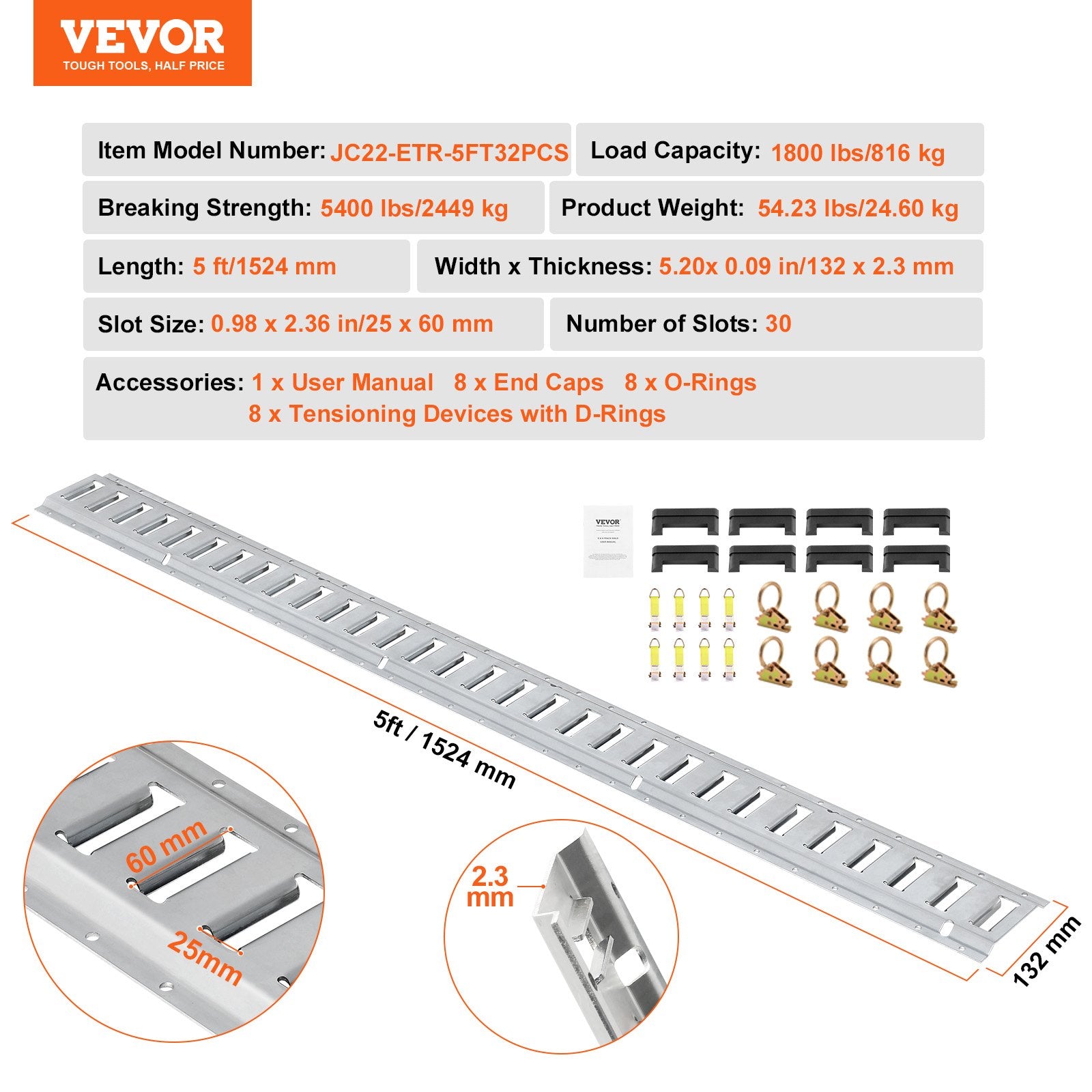 E Track Tie-Down Rail Kit, 24PCS 1524 mm E-Tracks Set Includes 8 Steel Rails & 8 O-Rings & 8 Tie-Offs with V952-YSDXE5FT32PCSRMMSV0
