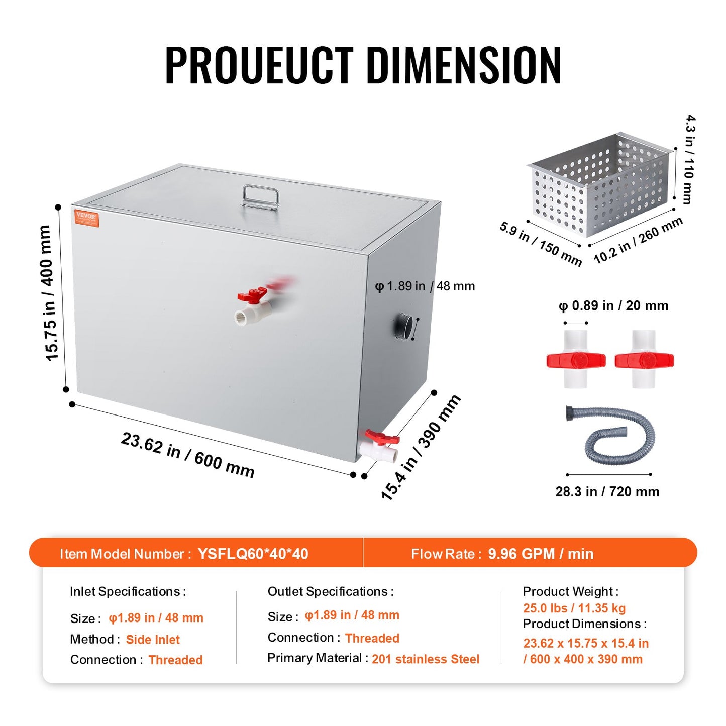Commercial Grease Trap, 40 LBS Grease Interceptor, Side Inlet Interceptor, Under Sink Stainless Steel Grease V952-YSFLQCRKYSBX1GX1DV0