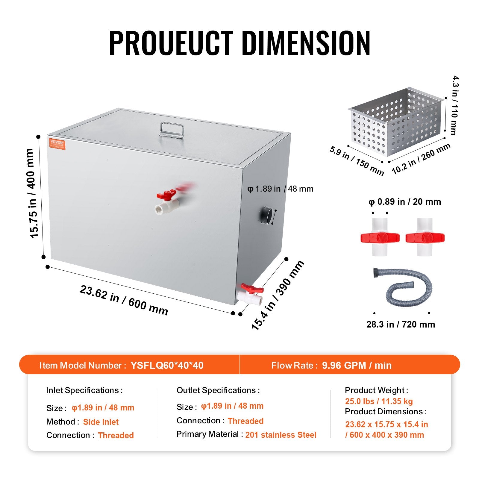 Commercial Grease Trap, 40 LBS Grease Interceptor, Side Inlet Interceptor, Under Sink Stainless Steel Grease V952-YSFLQCRKYSBX1GX1DV0