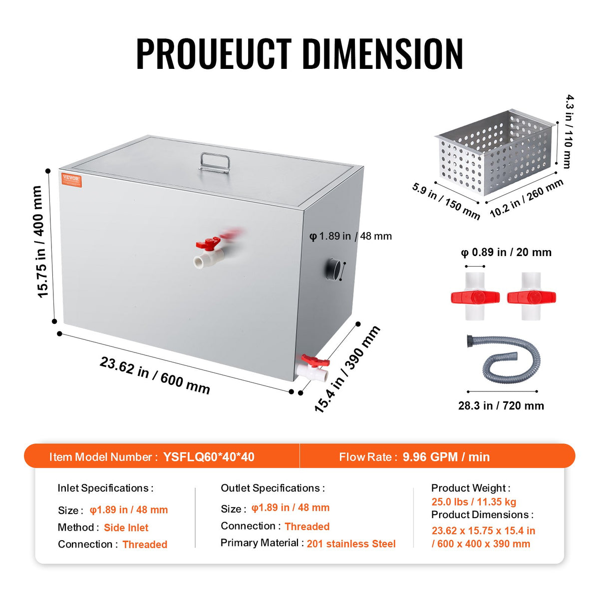 Commercial Grease Trap, 40 LBS Grease Interceptor, Side Inlet Interceptor, Under Sink Stainless Steel Grease V952-YSFLQCRKYSBX1GX1DV0