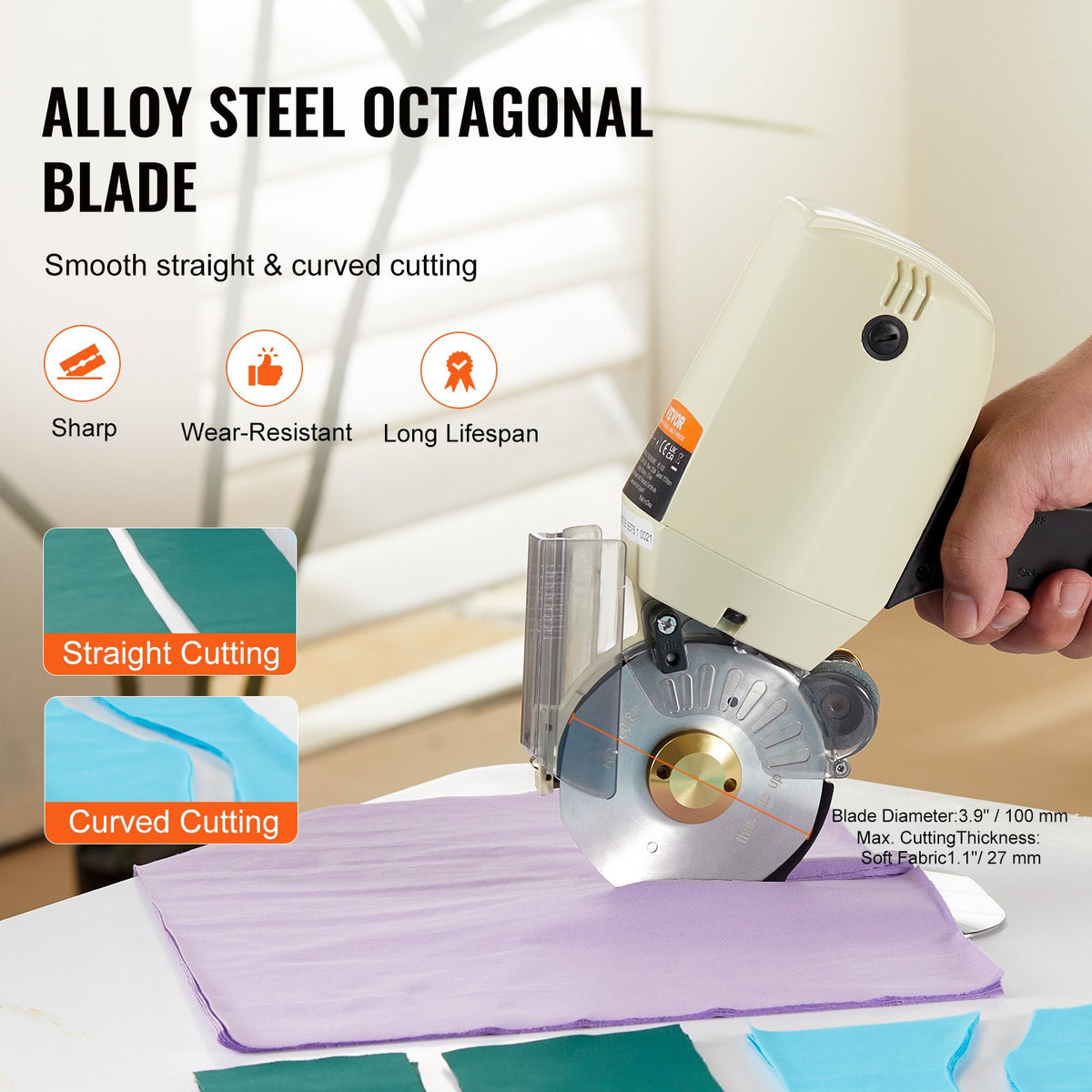 Fabric Cutter, 250W Electric Rotary Fabric Cutting Machine, 1.1" Cutting Thickness, Octagonal Knife, with V952-YSQBJ250WYS1RPOJJV3