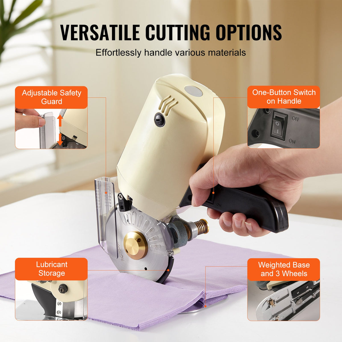Fabric Cutter, 250W Electric Rotary Fabric Cutting Machine, 1.1" Cutting Thickness, Octagonal Knife, with V952-YSQBJ250WYS1RPOJJV3