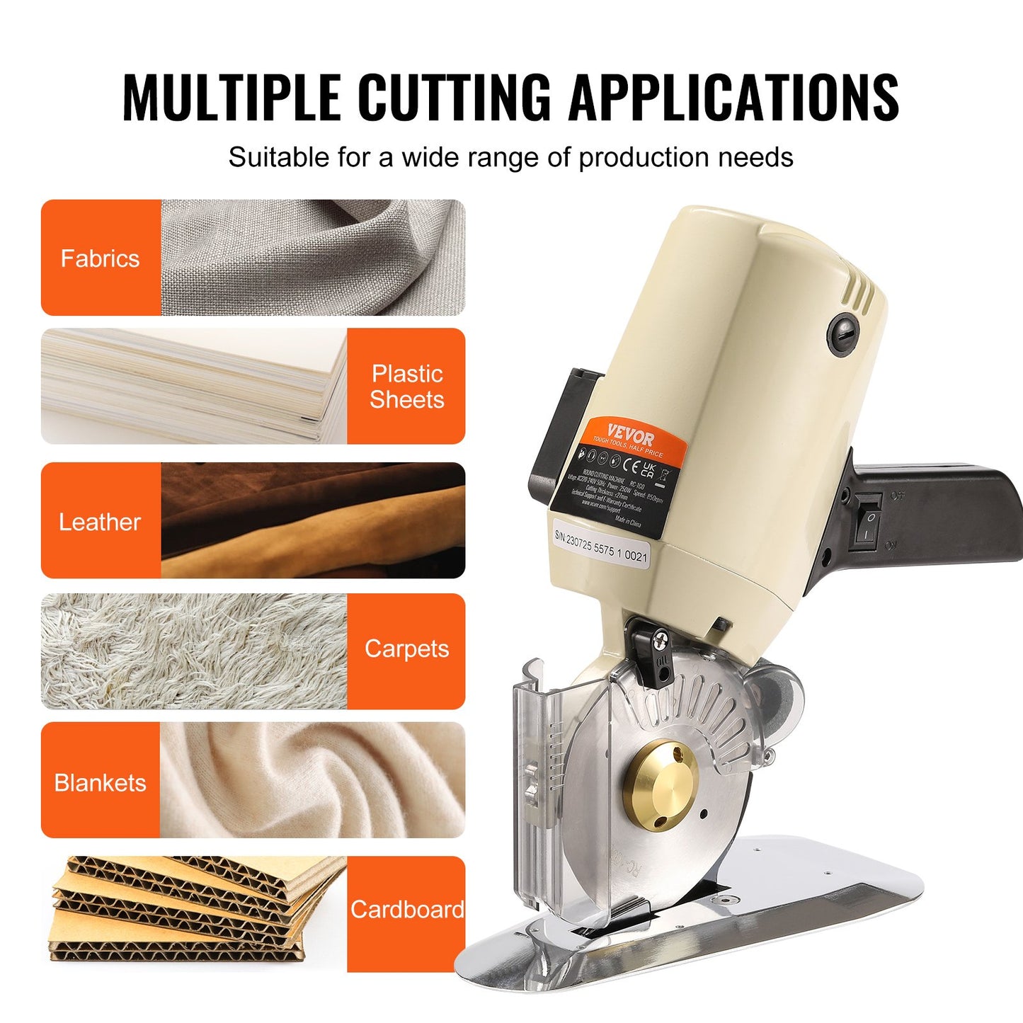 Fabric Cutter, 250W Electric Rotary Fabric Cutting Machine, 1.1" Cutting Thickness, Octagonal Knife, with V952-YSQBJ250WYS1RPOJJV3