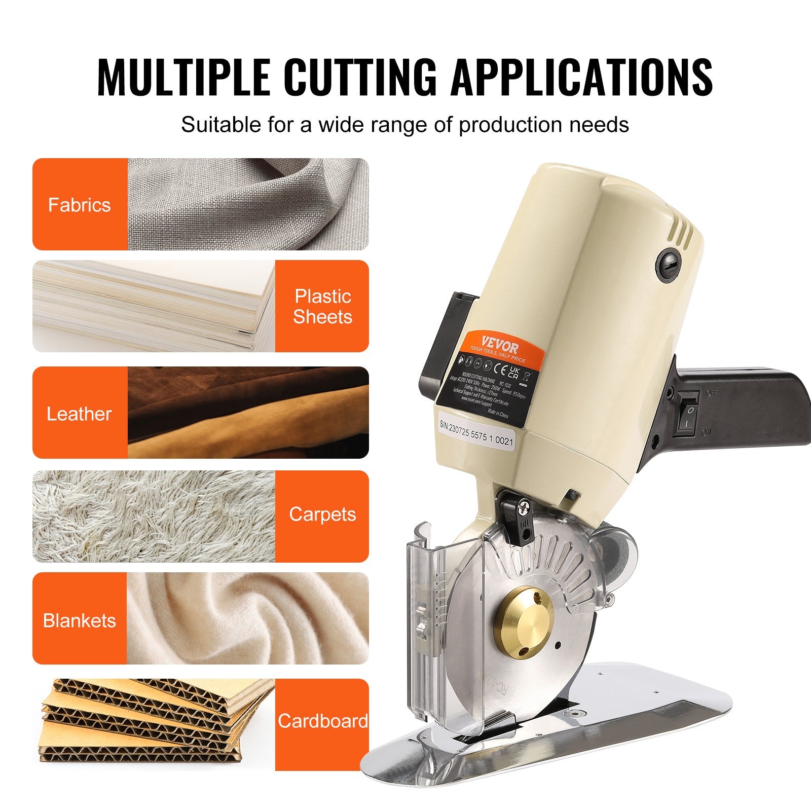 Fabric Cutter, 250W Electric Rotary Fabric Cutting Machine, 1.1" Cutting Thickness, Octagonal Knife, with V952-YSQBJ250WYS1RPOJJV3