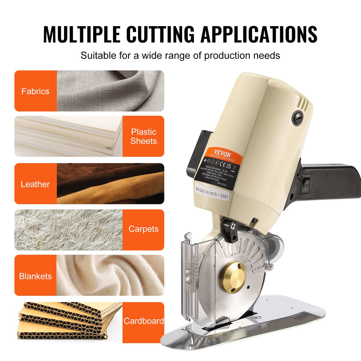 Fabric Cutter, 250W Electric Rotary Fabric Cutting Machine, 1.1" Cutting Thickness, Octagonal Knife, with V952-YSQBJ250WYS1RPOJJV3