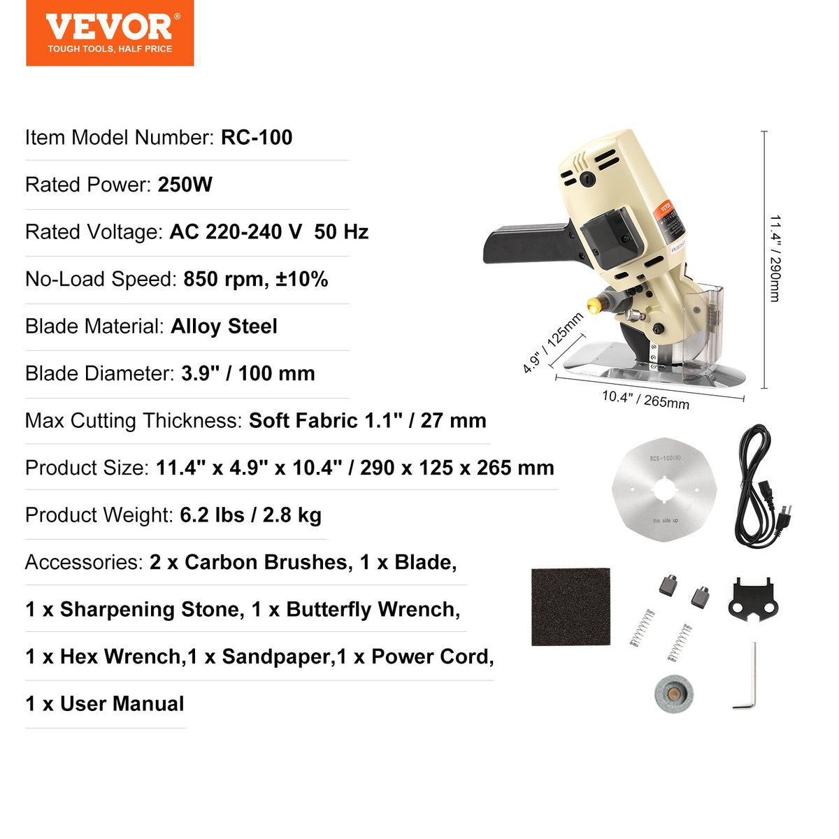 Fabric Cutter, 250W Electric Rotary Fabric Cutting Machine, 1.1" Cutting Thickness, Octagonal Knife, with V952-YSQBJ250WYS1RPOJJV3