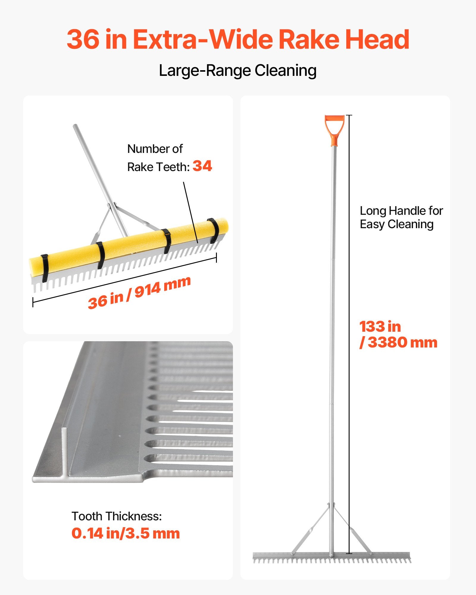 Landscape Rake, 914 mm Wide Head 3380 mm Handle, Large Heavy Duty Aluminum Landscaping Leaf Rake Tool, V952-YSSCPLHJ36INDYGLK001V0